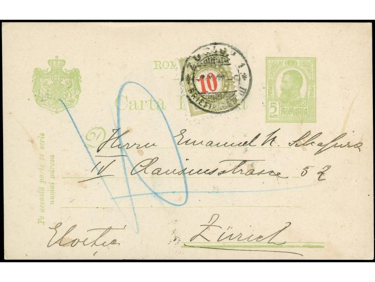 1900, 5 b. green postal stationery card uncancelled from Ploesti to Zurich with 10 c. green/red postage due and clear cdsl. F
