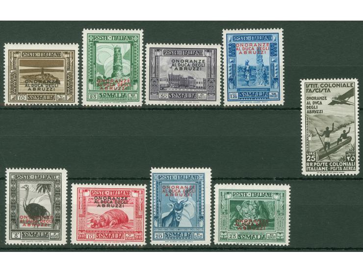 1934, Set of eight unissued stamps overprinted ONORANZE AL DUCA DEGLI ABRUZZI, additional colonies 25 l., all mint never hing