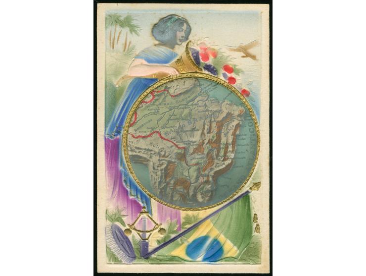 1920/30, SÜDAMERIKA: Fünf farbig geprägte Ansichtskarten mit Landkarten und Fahnen, dabei Honduras, Guatemala, Brasilien, Bol