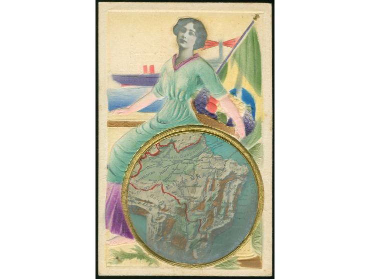 1920/30, SÜDAMERIKA: Fünf farbig geprägte Ansichtskarten mit Landkarten und Fahnen, dabei Honduras, Guatemala, Brasilien, Bol