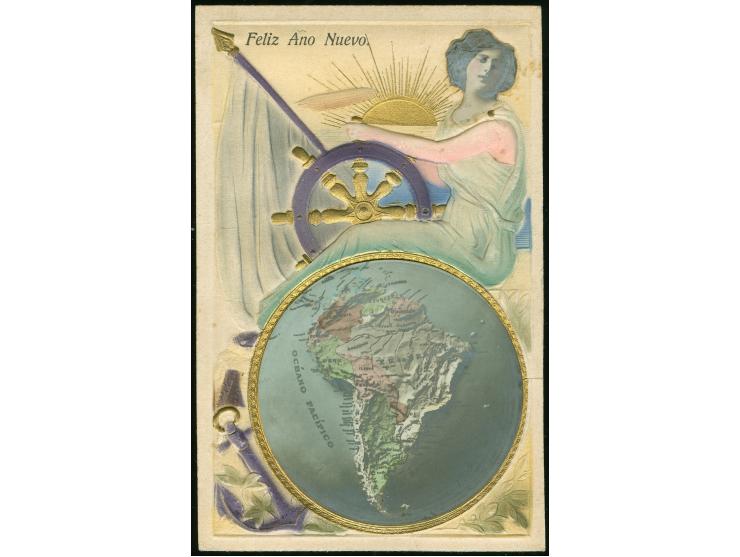1920/30, SÜDAMERIKA: Fünf farbig geprägte Ansichtskarten mit Landkarten und Fahnen, dabei Honduras, Guatemala, Brasilien, Bol
