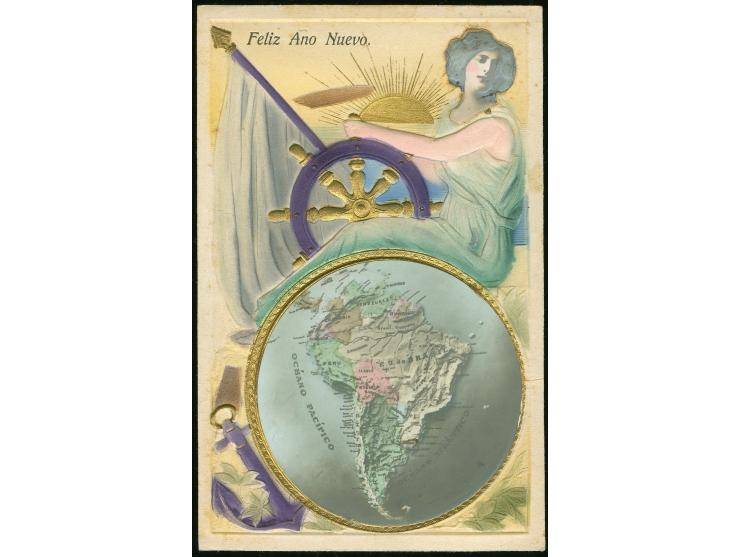 1920/30, SÜDAMERIKA: Fünf farbig geprägte Ansichtskarten mit Landkarten und Fahnen, dabei Honduras, Guatemala, Brasilien, Bol