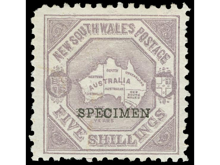 1890, Octagonal Map 5 s. lilac, wmk. Large Circle 20/- NSW, perf. 11, unused with hinge remain, bright colour, overprinted SP