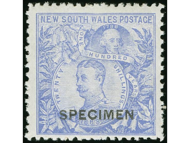 1890, Sir Arthur Phillip 20 s. cobalt-blue, wmk. Large Circle 20/- NSW, perf. 12x11, unused, overprinted capital letters SPEC
