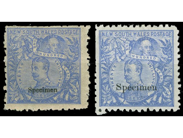 1890, Sir Arthur Phillip 20 s. cobalt-blue two stamps, wmk. Large Circle 20/- NSW, both perf. 10 (SG unrecorded), unused, ove
