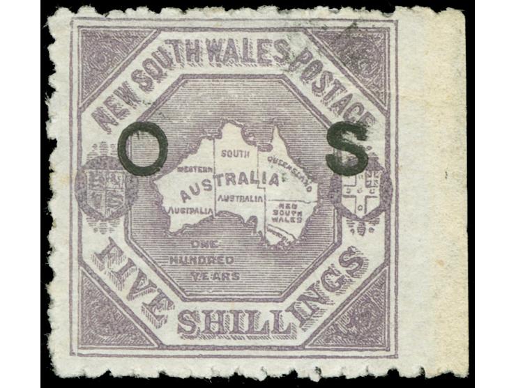 1890, Octagonal Map 5 s. mauve, wmk. 5/- over NSW, perf. 10, overprinted "OS" in black, showing imperforate margin at right, 