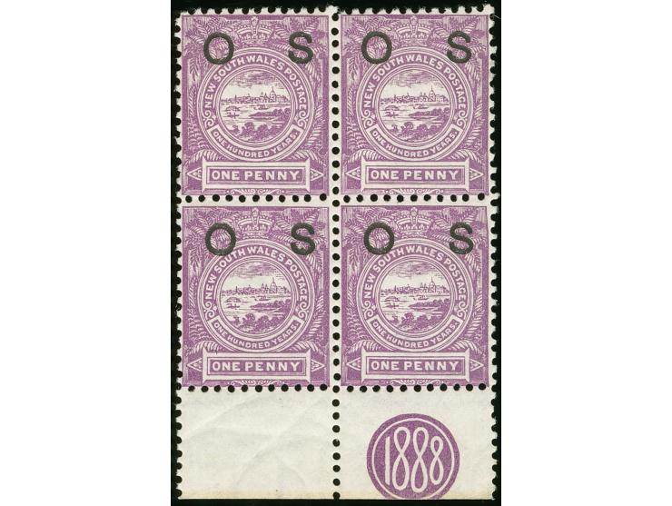 1888/90, 1 d. lilac, wmk. Crown over NSW, perf. 12, overprinted "OS" in black, bottom margin “1888” dated block of four, mint