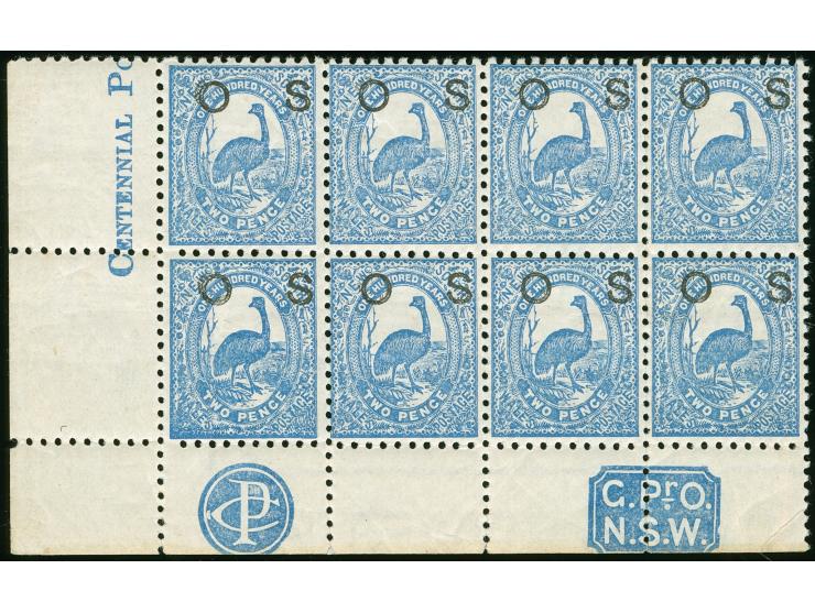1888/90, 2 d. prussian blue, wmk. Crown over NSW, perf. 11x12, variety "Partial Double Overprint" at left stamps, from the bo