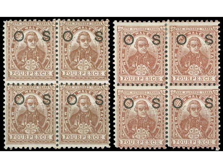 1888/90, 4 d. purple-brown and  4 d. red-brown, wmk. Crown over NSW, perf. 12, overprinted "OS" in black, two blocks of four,