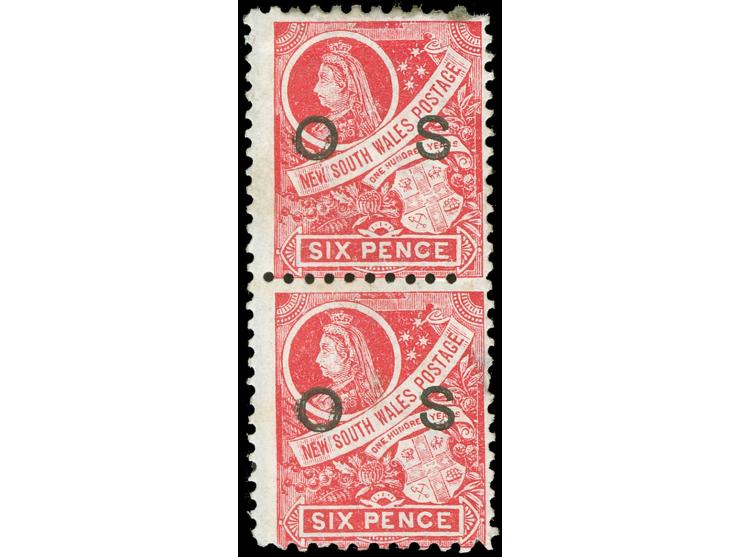 1888/90, 6 d. carmine, wmk. Crown over NSW, perf. 11x12, variety “Partial Double Overprint”, vertical pair unused, at right o