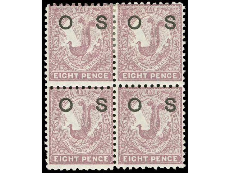 1888/90, 8 d. lilac-rose, wmk. Crown over NSW, perf. 11x12, overprinted "OS" in black, block of four, unused, bottom pair min