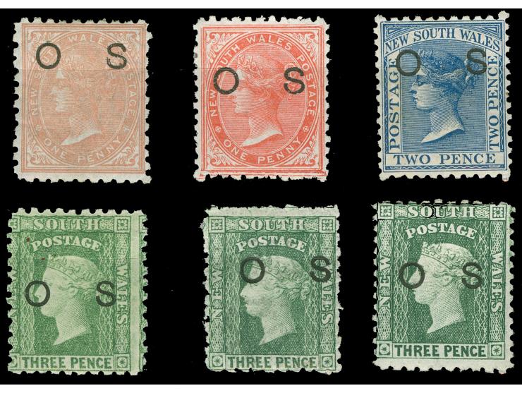 1882/85, 1 d. to 3 d. set of six, wmk. Crown over NSW, overprinted "OS" in black, unused, fine
