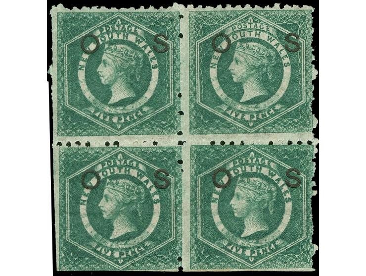 1879/85, 5 d. green,inverted bottom wmk. Crown over NSW, rough perf. 10 cut at bottom and left, overprinted "OS" in black, bl
