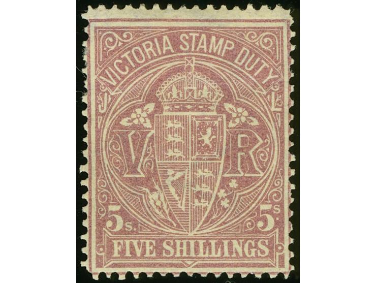 1884-96, Stamp Duty 5 s. reddish purple on lemon, perf 12½, watermark V over Crown sideways, unused part gum, fresh and fine.