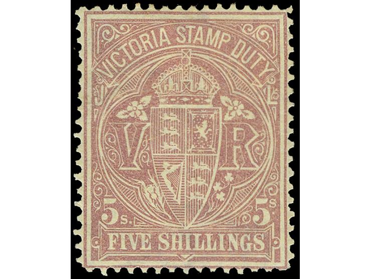 1884-96, Stamp Duty 5 s. claret on yellow, perf 12½, watermark V over Crown sideways, unused, fresh and fine. SG £ 140

