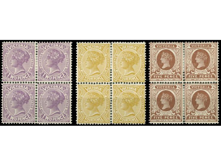 1901-10, 2 d. bright purple, 4 d. brownish-bistre and 5 d. reddish-brown, perf 12 x 12½, three blocks block of four, mint hin