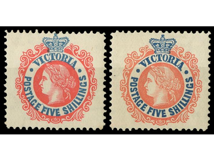 1901/10: 5 s. scarlet &amp; deep blue and 5 s. rosine &amp; blue, wmk. V over Crown, perf. 12½, two unused stamps, well centr