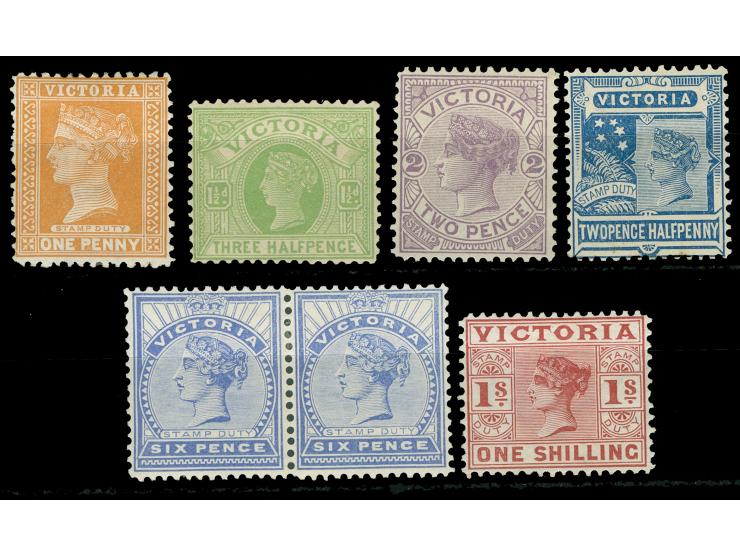 1886-1899, Set of five stamps 1 d. to 1 s. and one pair 6 d., all unused. Fine group
