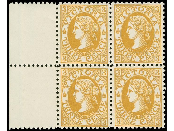 1905-13, 3 d. orange-brown, variety “Inverted wmk. Crown over A”, perf. 11, margin block of four, mint never hinged, very fin