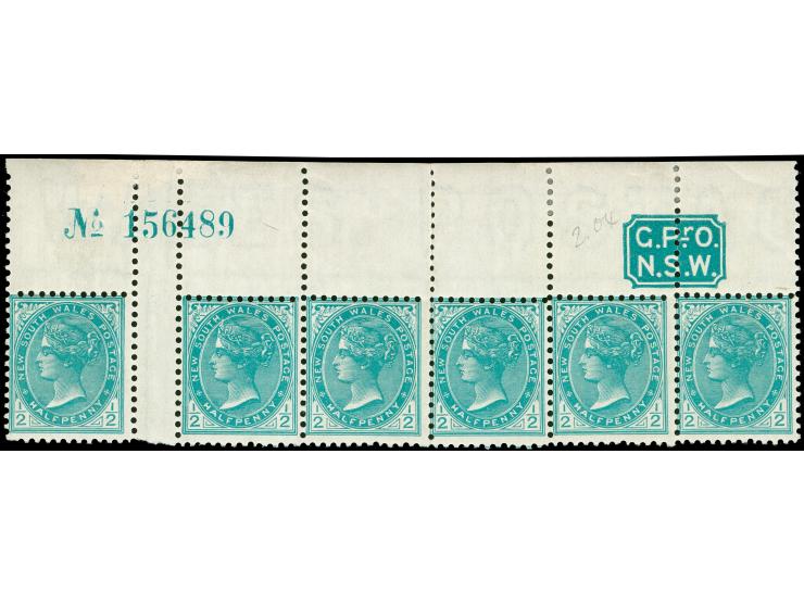 1899, ½ d. blue-green, wmk. Crown over NSW, comb perf. 12 x 11½ , fine interpanneau top marginal strip of six with sheet requ