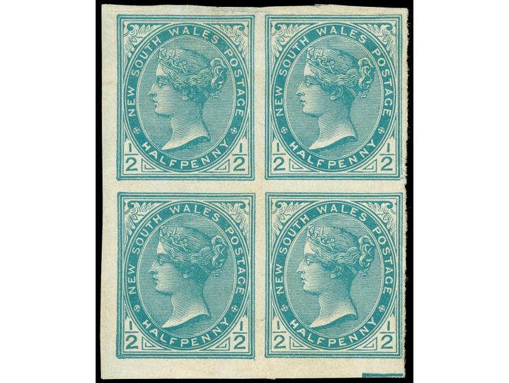 1899, ½ d. blue-green, wmk. Crown over NSW, comb perf. 12 x 11½ , rare imperforate corner margin block off four in a dull blu