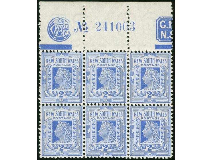 1899, 2 d. cobalt, wmk. Crown over NSW, comb perf. 12 x 11½ , block of six with Monogram and requistion number, unused, five 