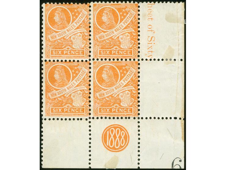 1899, 6 d. deep orange, wmk. Crown over NSW, comb perf. 12 x 11½ , bottom right corner marginal block of four "1888" imprint,