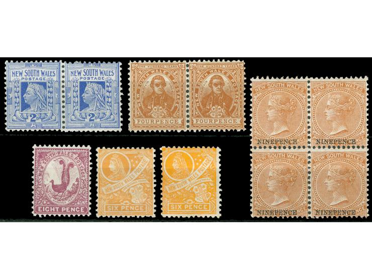 1899, Set of three single, two pairs and block of four, wmk. Crown over NSW, comb perf. 12 x 11½ , all unused, fine
