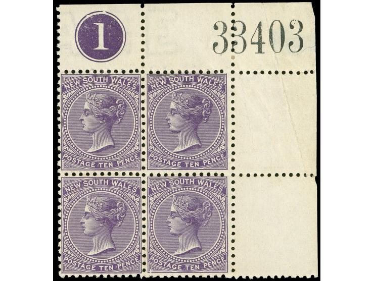 1902-03, 10 d. violet, wmk. Crown over NSW, comb perf. 12 x 11½ , corner margin block of four showing imprint “1”, unused, bo