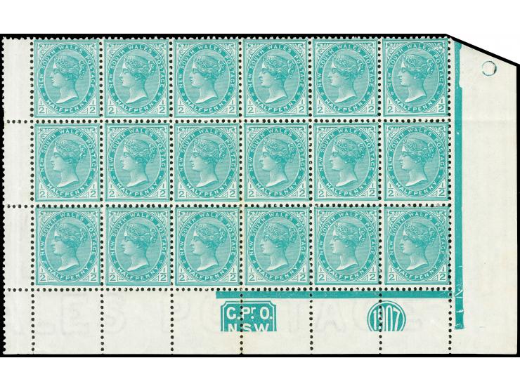 1905-10, ½ d. blue-green, wmk. Crown over A, comb perf. 12 x 11½ , corner margin block of 18 showing imprint “1907” and "GPO/