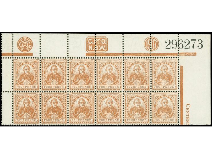 1905-10, 4 d. red-brown, Chalked Surfaced Paper, wmk. Crown over A, comb perf. 12 x 11½ , top right corner margin block of 12