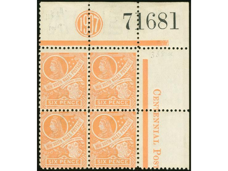 1905-10, 6 d. orange-buff, Chalked Surfaced Paper, wmk. Crown over A, comb perf. 11½ x 11, top right corner margin block of f