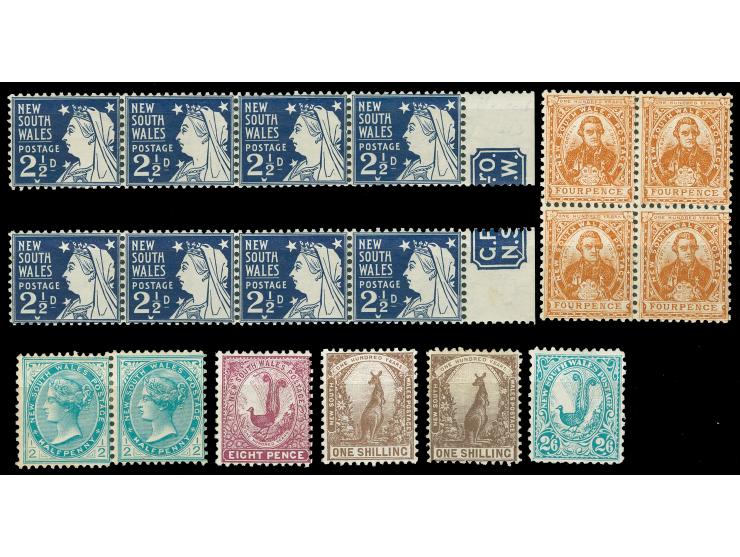 1905-10, Chalked Surfaced Paper issue. Set of four single, two pairs, five strips and blocks of four, wmk. Crown over NSW, co