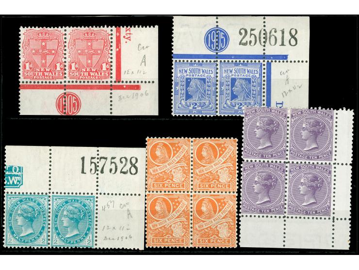 1905-10, Chalked Surfaced Paper issue. Set of four single, two pairs, five strips and blocks of four, wmk. Crown over NSW, co