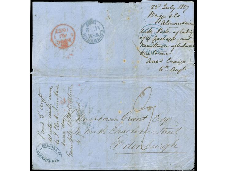 1857, Folded envelope with content tied by british P.O. blue ALEXANDRIA JY/23/1857 cds. forwarding agent BRIGGS &amp; Co. ALE