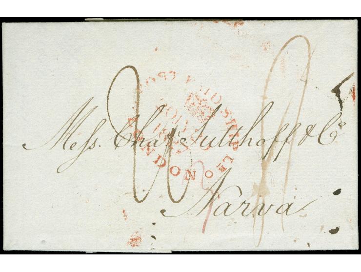1827, POST PAID SHIP LONDON (COWN) in red on letter from London via Rotterdam to Narva. Early Incoming Maritime Mail To The B