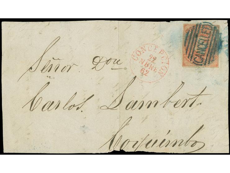 1862, Colon 5 c. orange-red, tied by blue barred "CANCELLED" to cover front to Coquimbo, red ´CONCEPCION 22/NBRE/62´ despatch