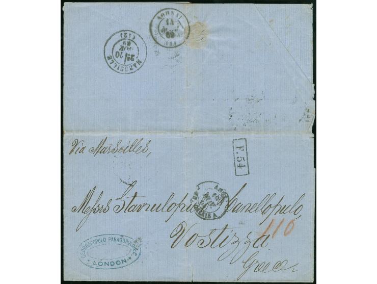 1868, Mail from Great Britain to Greece: Cover sent unpaid from London to Vostizza (Egio) endorsed 'via Marseille', with Cala