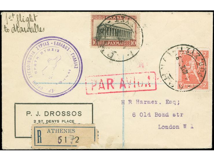 1929/33, Three Air Mail covers/cards including First Flight to Marseille 10.6.29, 3 dr. air mail stamp on cover to NY and 10 