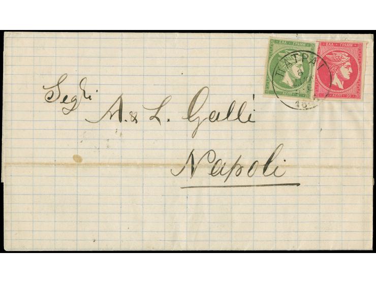 1875/85, Large Hermes Heads: Three covers with different frankings from Patras and Syra, two to Napoli, file folds and tiny f