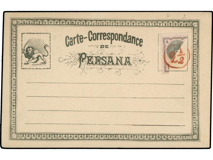 1878, Persana postal card with irregularly bisected 5sh tied by “2 1/2” shahis handstamp in red, additional blank card, fine 