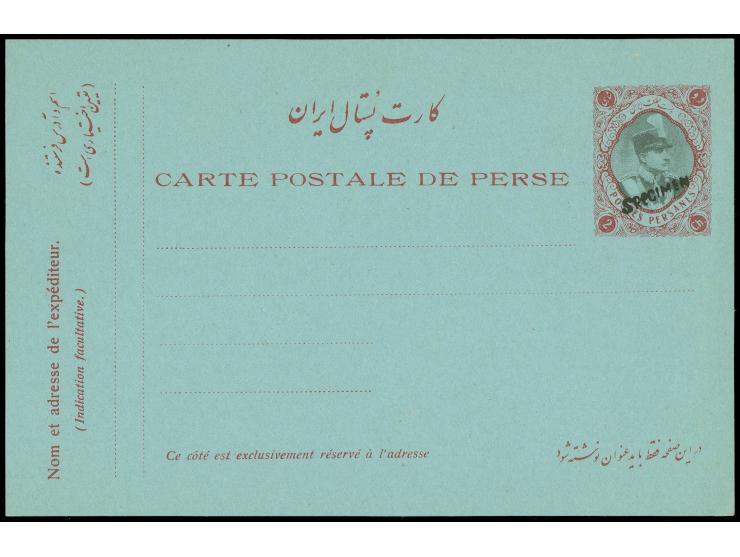 1931, 2 ch. red and black on blue postal stationery card, overprinted "Specimen", very fine and fresh (Persiphila PC50, $1,10