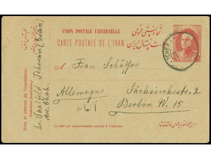 1938, 90 di. red on olive-grey postal stationery card face free cancelled Teheran to Berlin, tiny crease on top left, otherwi