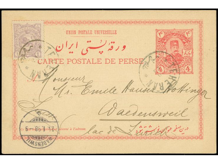 1898, Nasser-ed-din Shah Qajar 4 ch. red postal stationery card uprated TEHERAN 20.12.97 to Swiss with arrival mark Wadenswil
