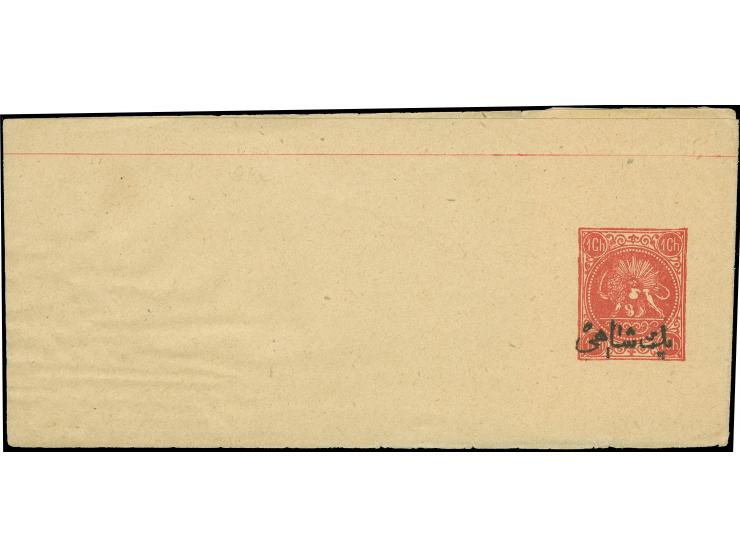 1888, Wrapper 1 ch. red, Type B and Type C overprints, both unused. (Persiphila PW1)
