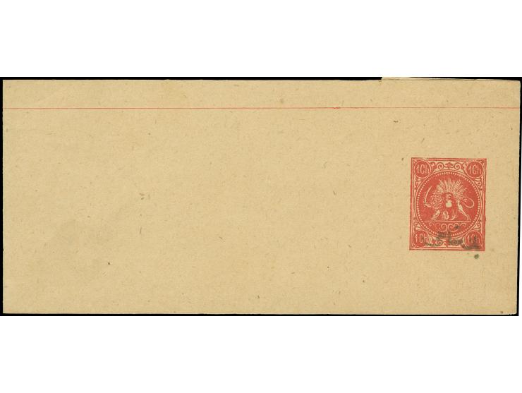 1888, Wrapper 1 ch. red, Type B and Type C overprints, both unused. (Persiphila PW1)
