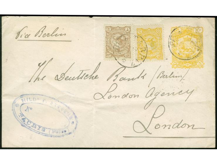 1896, Lion envelope 5 ch. yellow (150x91mm) endorsed ‘via Berlin’, used uprated with 2 ch. brown and 5 ch. yellow from TABRIZ