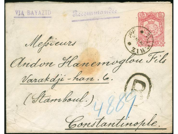1896, Lion envelope 16 ch. rose-red (141x109mm) violet marks ‘Recommandee’ and ‘via Bayazid’, from TABRIZ to Constantinople w