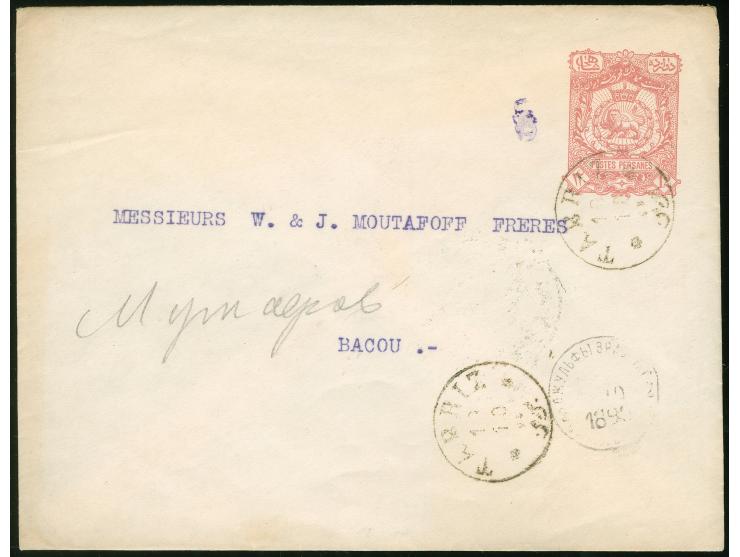 1899, Lion envelope 12 ch. rose-red (141x109mm) violet arabesque control handsamp, from TABRIZ to Baku with arrival mark on r
