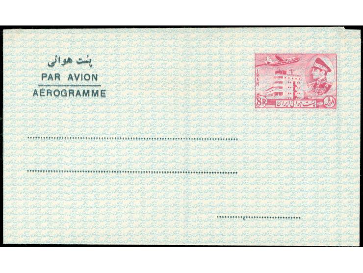 1956/65, 12 different Aerogramme including 2,50 r. blue, 8 r. magenta (black colour double print), blue and green overlay, di